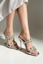 Silver Crystal Floral Double Strap Stiletto Mule Sandals
