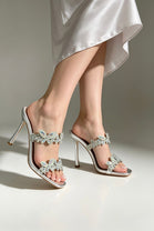 Silver Crystal Floral Double Strap Stiletto Mule Sandals