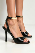 Black Textured High Shine Metallic Detail Ankle Strap Heels