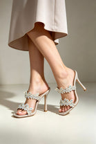 Nude Crystal Floral Double Strap Stiletto Mule Sandals