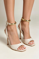 Cream Textured High Shine Metallic Detail Ankle Strap Heels