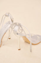 Silver Satin High Heel Sandals With Diamante Bow & Ankle Strap