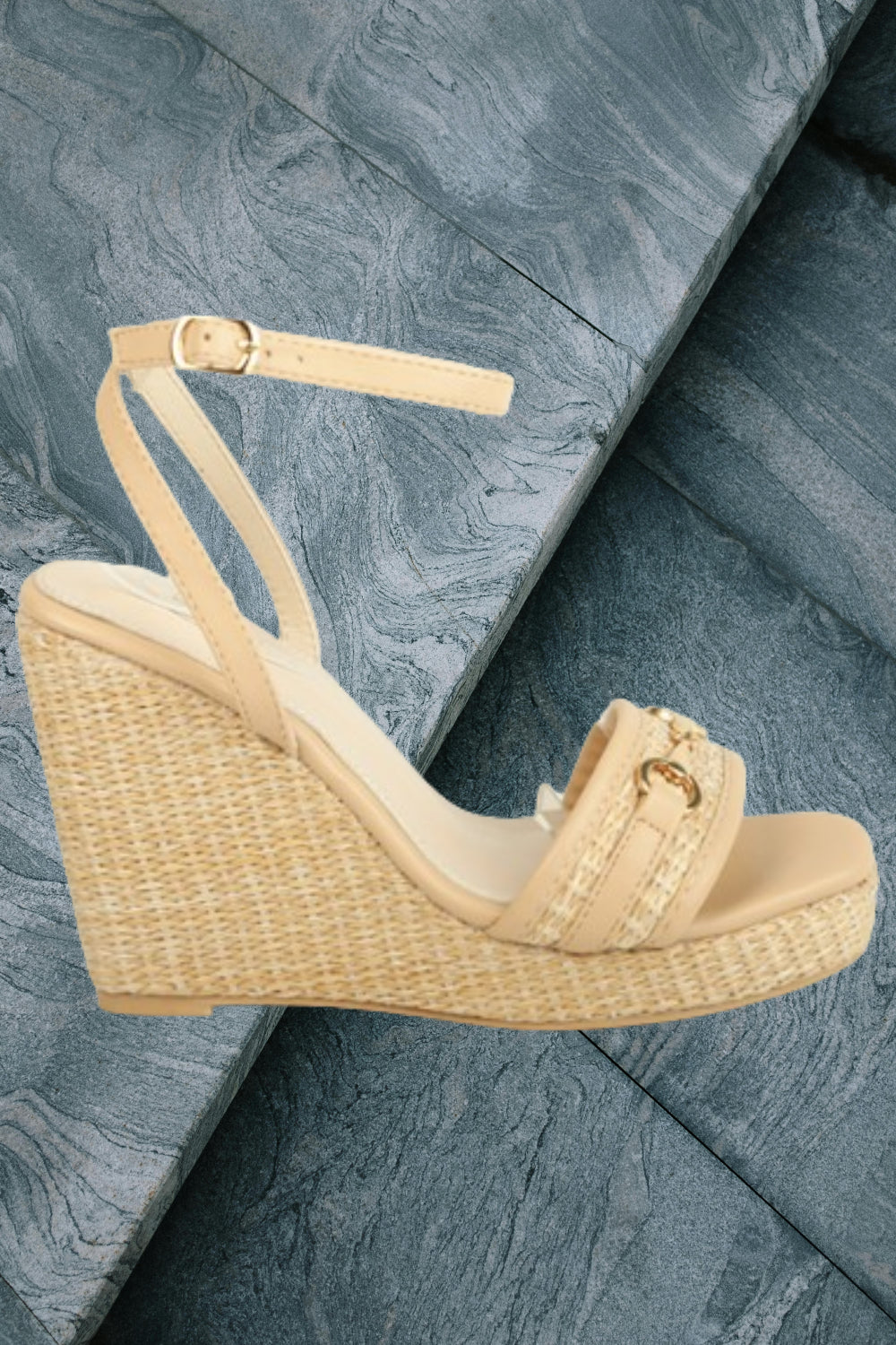 BEIGE BASKET WEAVE WEDGE SANDALS WITH TRIM BUCKLE DETAIL