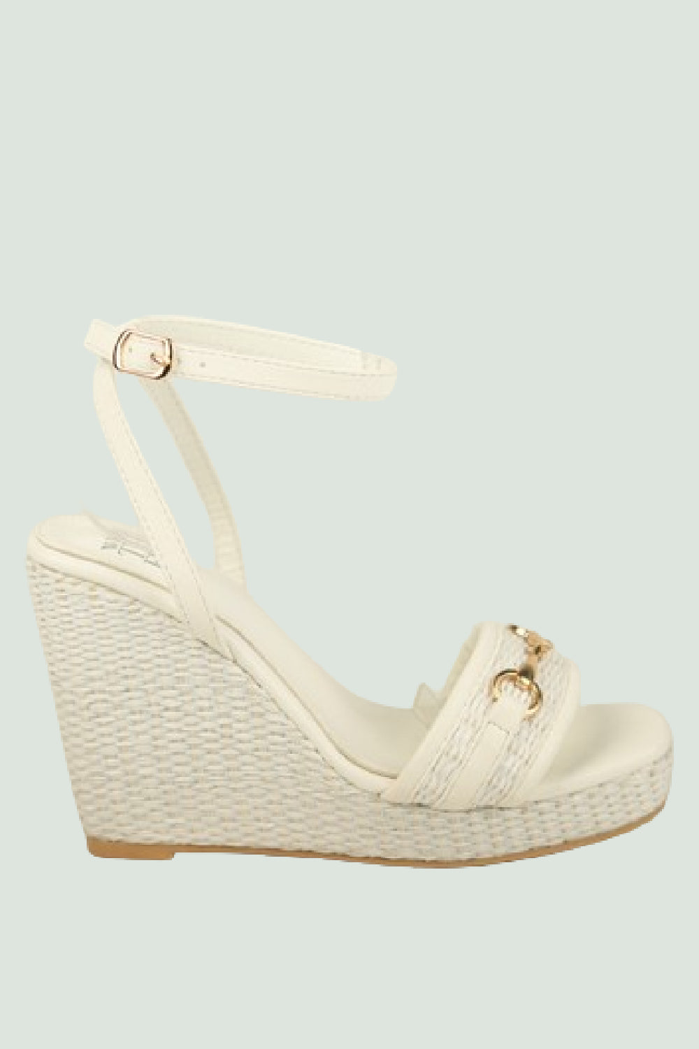 WHITE BASKET WEAVE WEDGE SANDALS WITH TRIM BUCKLE DETAIL