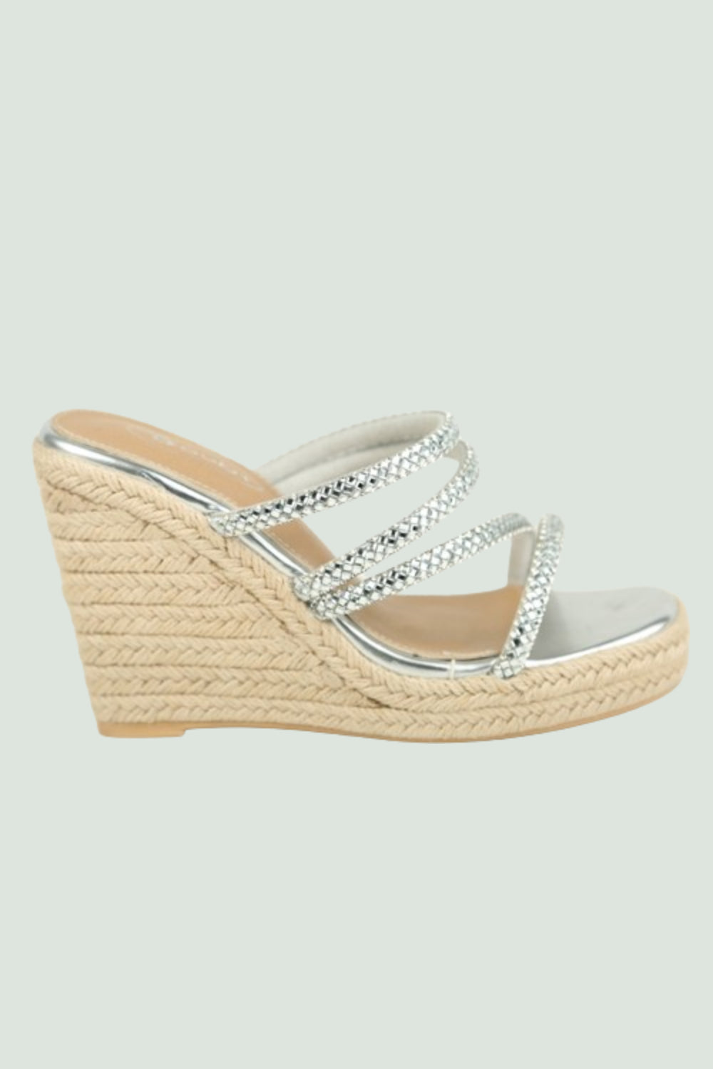 Embellished Strap Espadrille Mules Silver