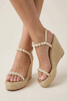 Gold Pearl-Embellished Espadrille Wedge Sandals
