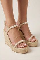 Gold Pearl-Embellished Espadrille Wedge Sandals