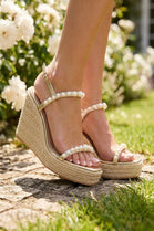 Gold Pearl-Embellished Espadrille Wedge Sandals
