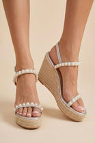 Silver Pearl-Embellished Espadrille Wedge Sandals
