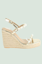 GOLD NAPPA LATTE WEDGE SANDALS WITH PEARLS DETAIL