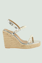 SILVER NAPPA LATTE WEDGE SANDALS WITH PEARLS DETAIL