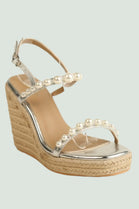 SILVER NAPPA LATTE WEDGE SANDALS WITH PEARLS DETAIL