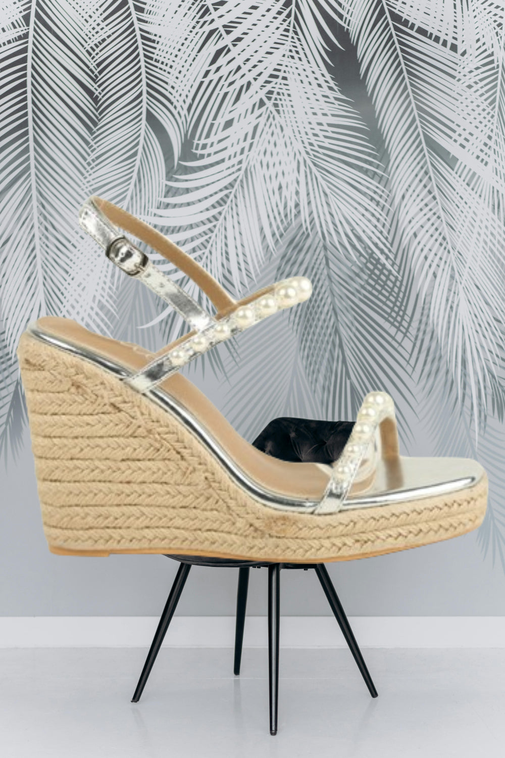 SILVER NAPPA LATTE WEDGE SANDALS WITH PEARLS DETAIL