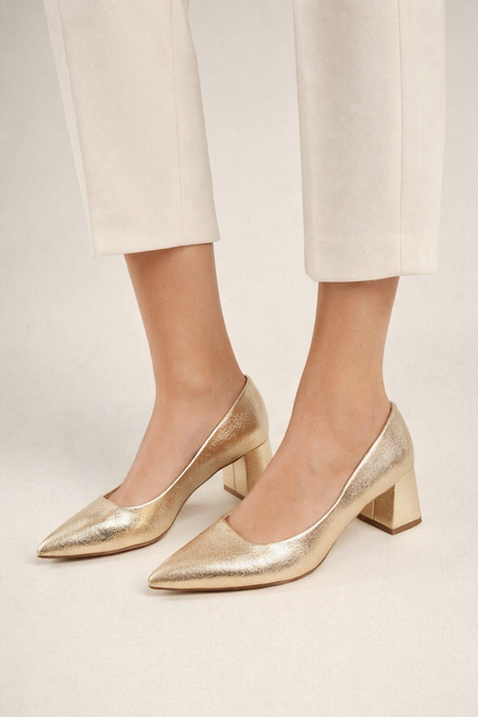 Metallic Gold Pointed-Toe Block Heel Pumps | Wholesale Footwear