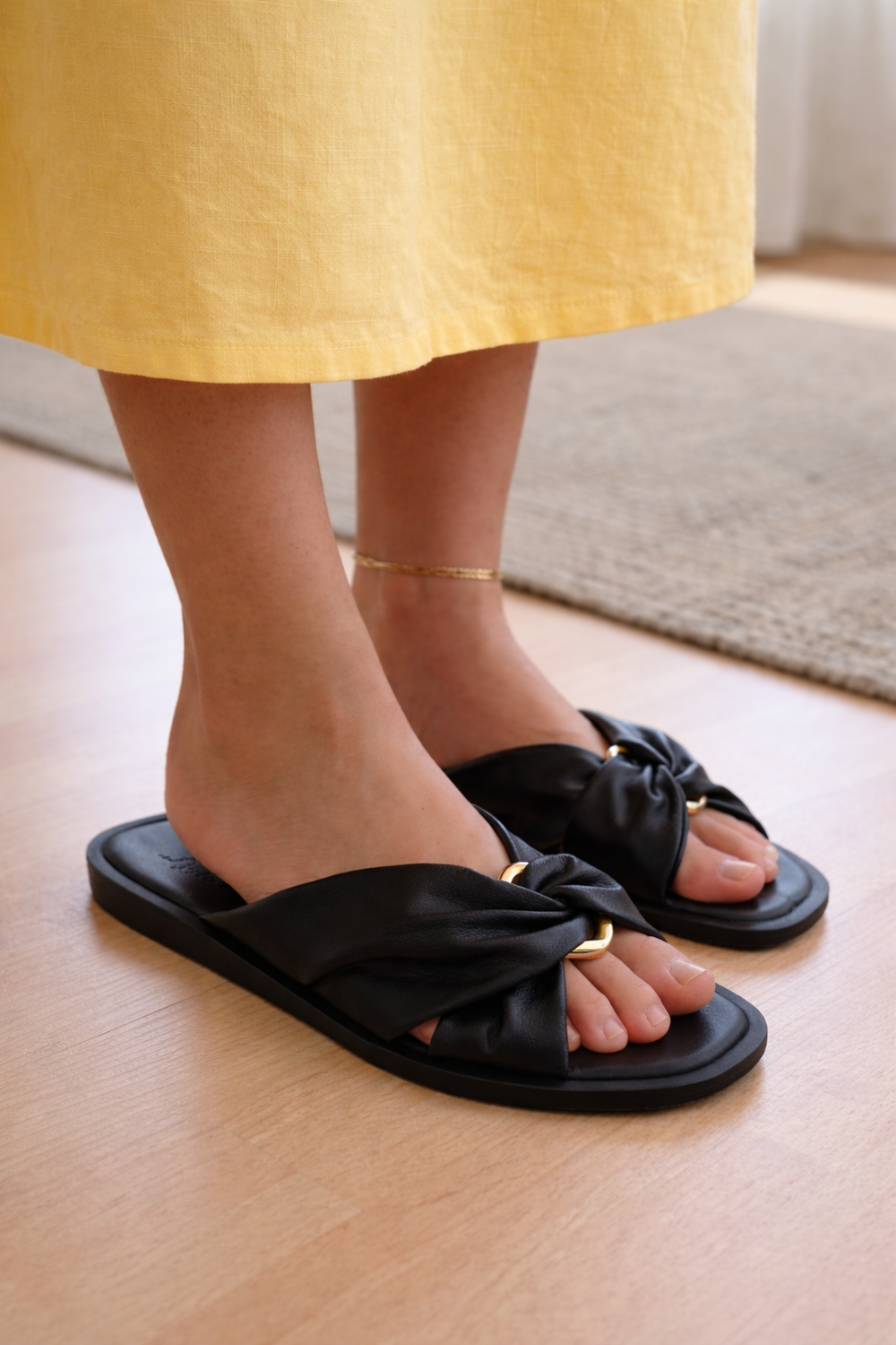 Women's Black Pu Knotted Slide Sandals – Gold Link Flat Mules