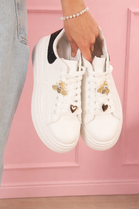 Women’s Black Glitter Tab Platform Trainers with Gold Bee Charm & Heart Lace Detail