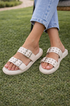 Cream Pu Double Buckle Slide Sandals Summer Comfort Flats