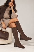 Women's Classic Brown Suede Knee-High Elasticated Riding Boots with Buckle Detail