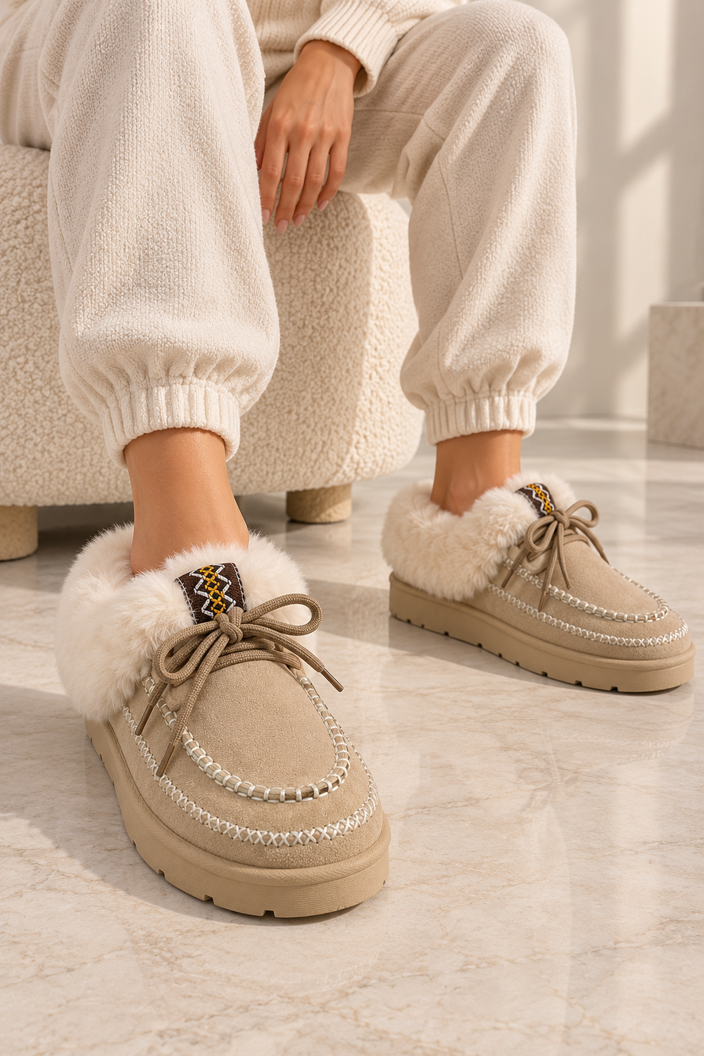 Cozy Fur Lined Moccasin Slippers in Beige | Wholesale