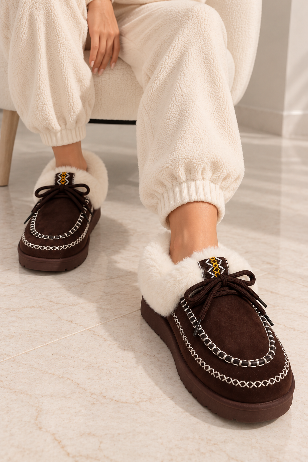 Cozy Fur Lined Moccasin Slippers in Brown | Wholesale