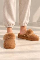 Cozy Fur Lined Mule Slippers in Khaki | Wholesale