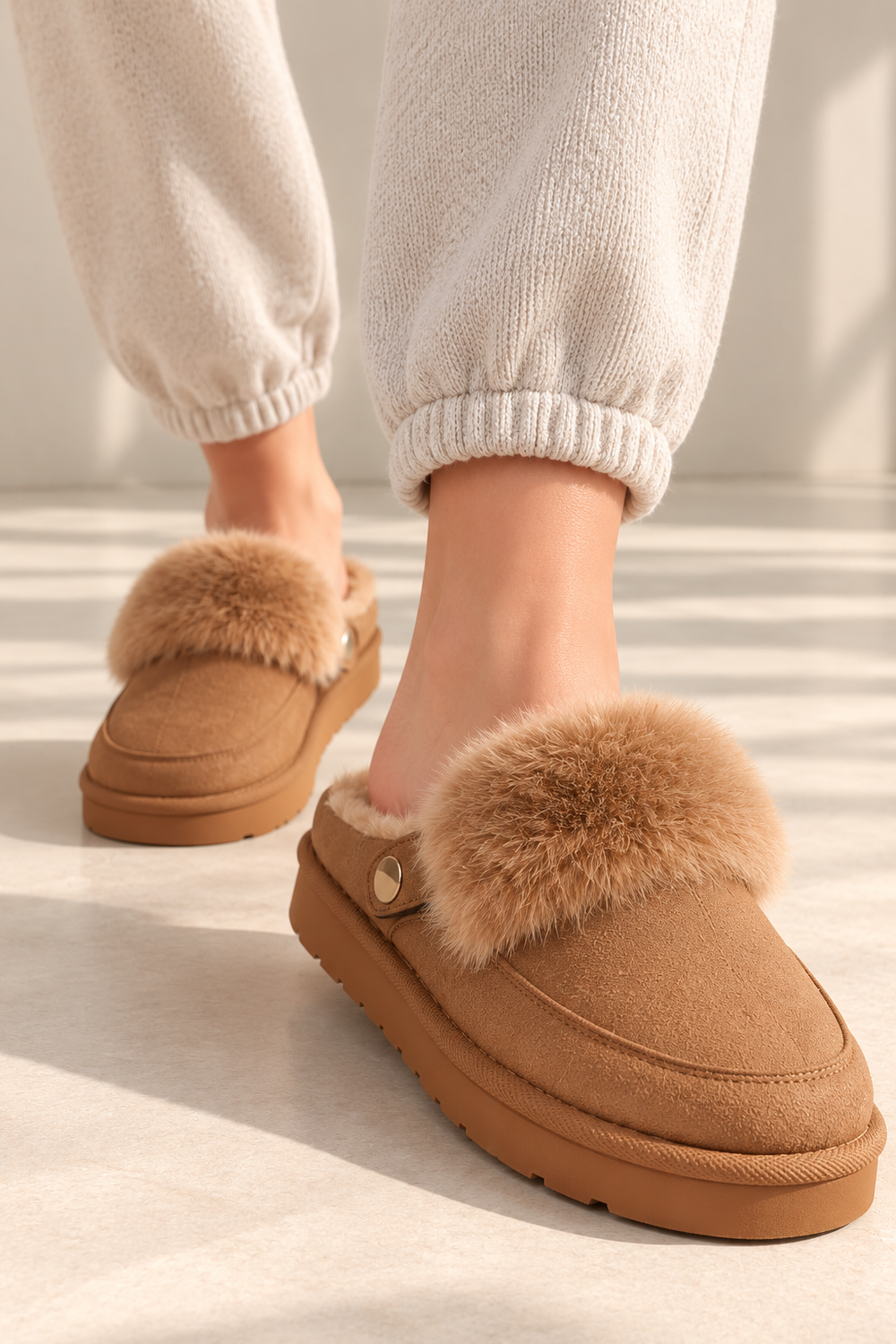 Cozy Fur Lined Mule Slippers in Khaki | Wholesale