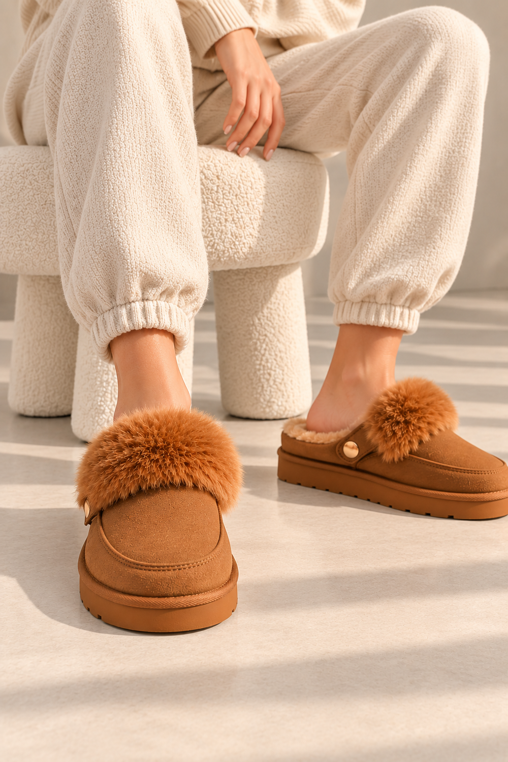 Cozy Fur Lined Mule Slippers in Camel | Wholesale
