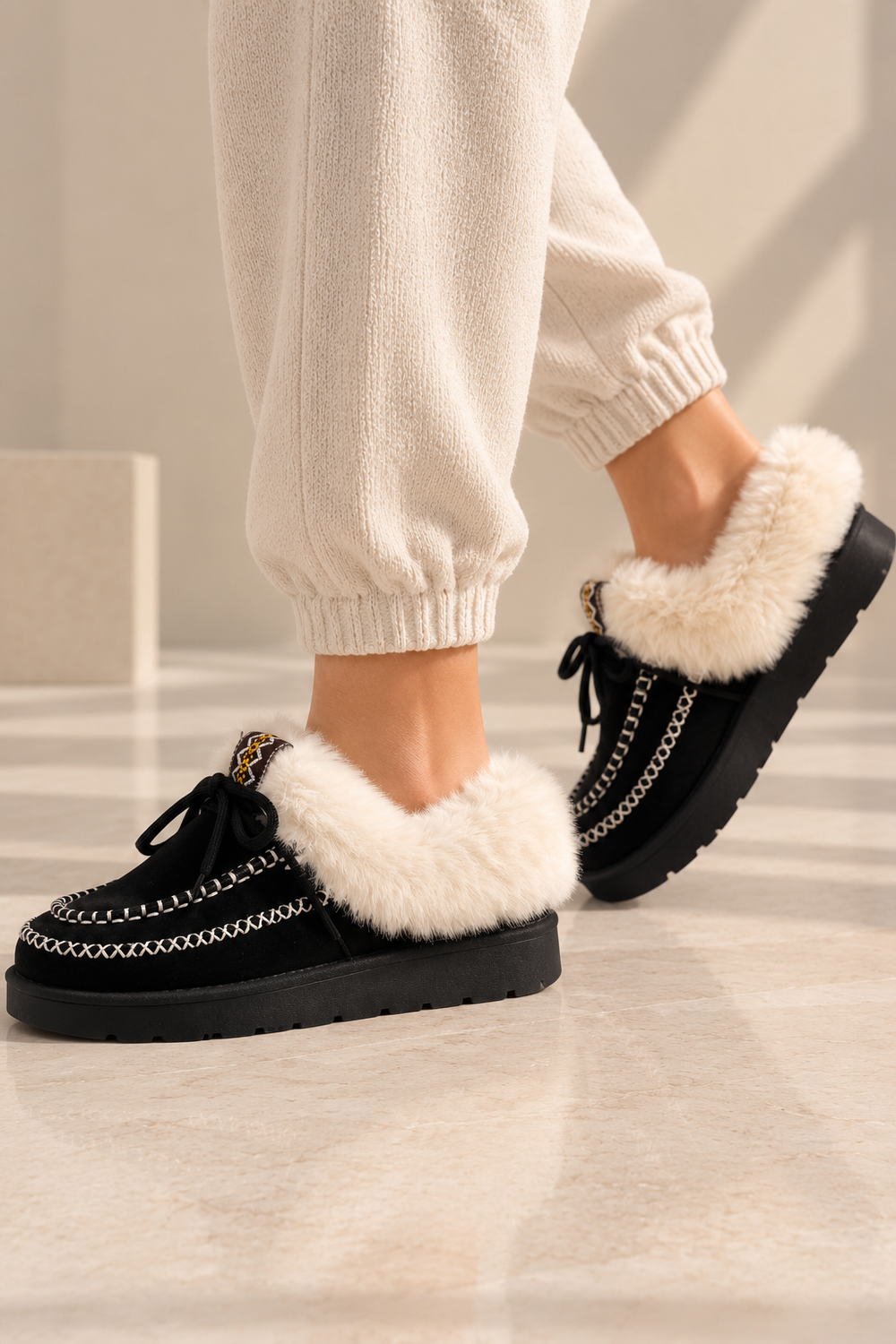 Cozy Fur Lined Moccasin Slippers in Black | Wholesale