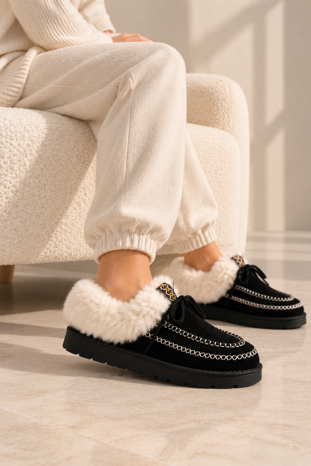 Cozy Fur Lined Moccasin Slippers in Black | Wholesale