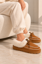 Cozy Fur Lined Moccasin Slippers in Camel | Wholesale