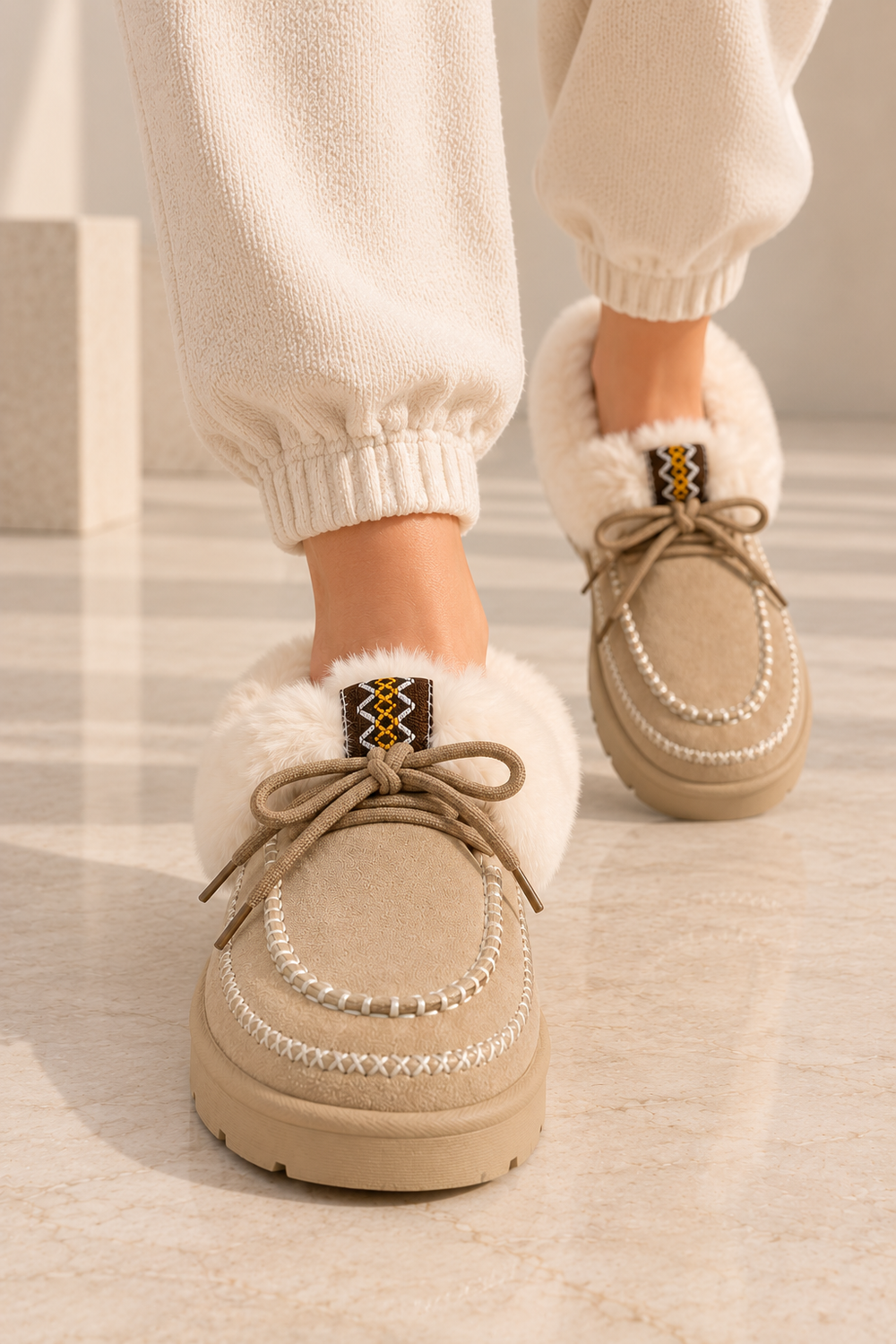 Cozy Fur Lined Moccasin Slippers in Beige | Wholesale