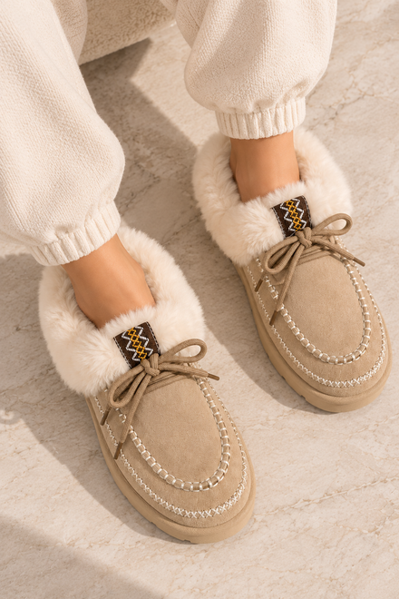 Cozy Fur Lined Moccasin Slippers in Beige | Wholesale