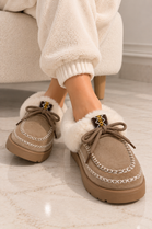 Cozy Fur Lined Moccasin Slippers in Khaki | Wholesale