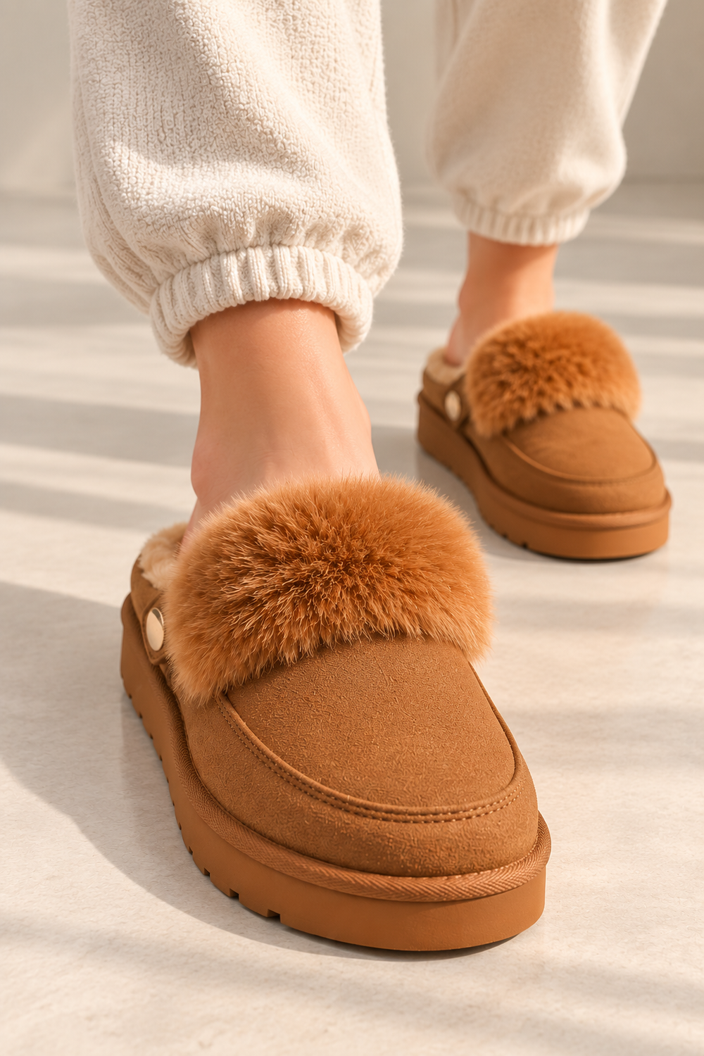 Cozy Fur Lined Mule Slippers in Camel | Wholesale