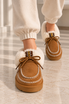 Cozy Fur Lined Moccasin Slippers in Camel | Wholesale