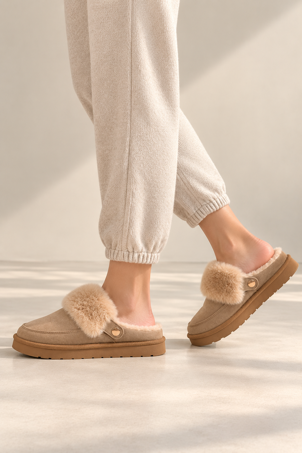 Cozy Fur Lined Mule Slippers in Beige | Wholesale
