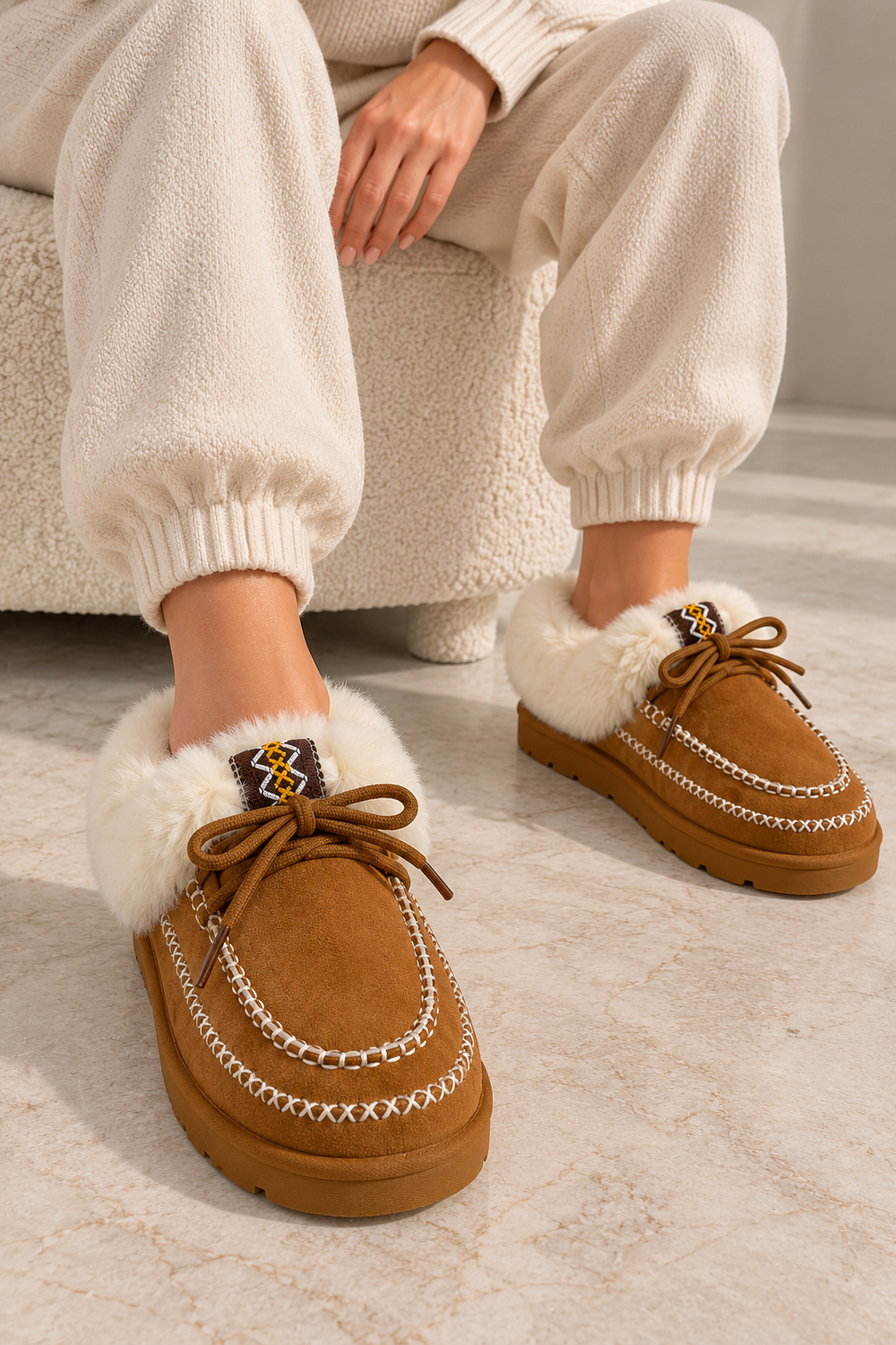 Cozy Fur Lined Moccasin Slippers in Camel | Wholesale
