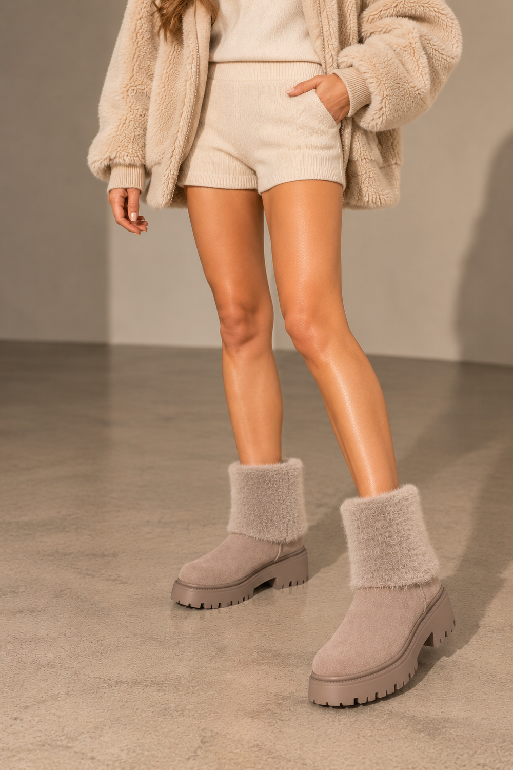 Chunky Khaki Furr Lined Shearling Boots | Wholesale