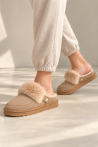 Cozy Fur Lined Mule Slippers in Beige | Wholesale