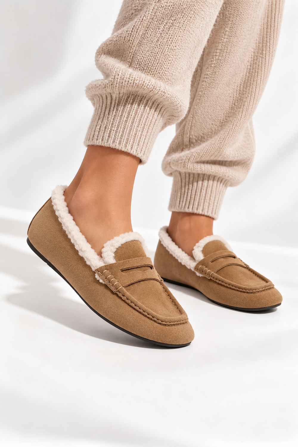 Women’s Faux Fur Lined Penny Loafers in Camel | Wholesale