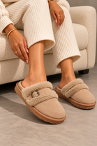 Cozy Khaki furry buckle Mule Slippers | Wholesale
