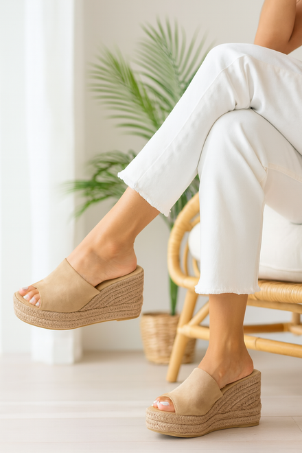 Khaki Faux Suede Espadrille Platform Wedge Slides Summer Sandals