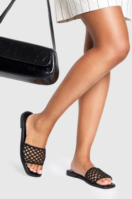 Black Mesh Detailed Strap Flat Sandals