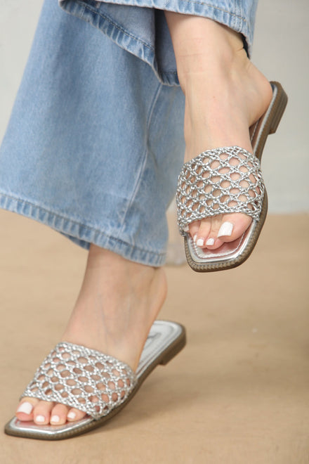 Silver Mesh Detailed Strap Flat Sandals