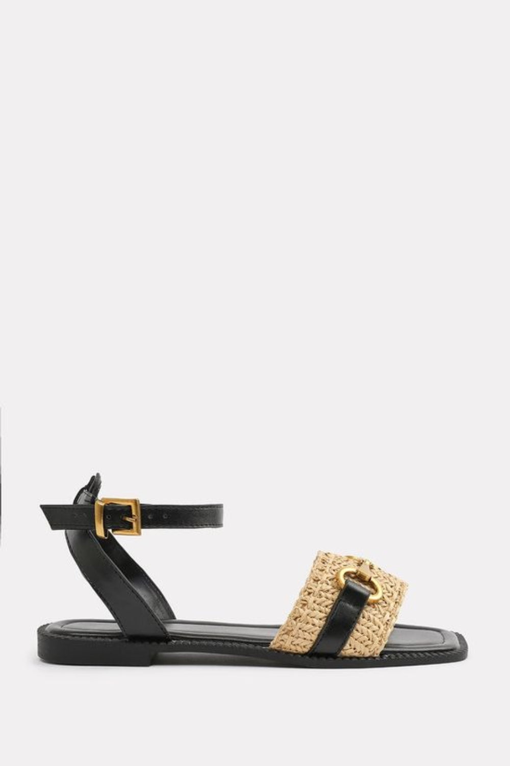 Black Pu Straw Detail Strap Sandals With Buckle Closure
