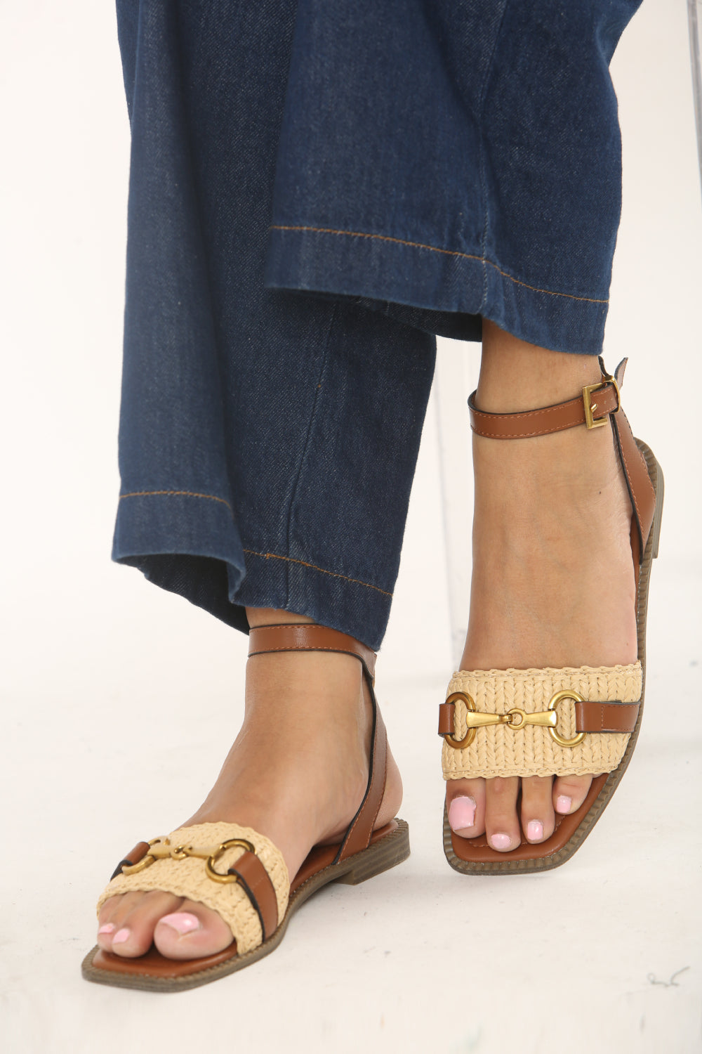 Tan Pu Straw Detail Strap Sandals With Buckle Closure