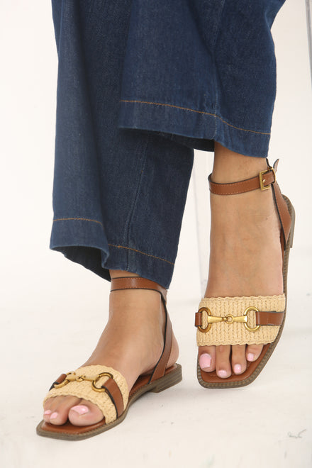 Tan Pu Straw Detail Strap Sandals With Buckle Closure