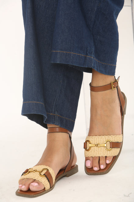 Tan Pu Straw Detail Strap Sandals With Buckle Closure (PACK A)