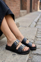 Double Strap Oversized Buckle Flat Sandals In Black
