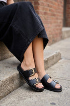 Double Strap Oversized Buckle Flat Sandals In Black